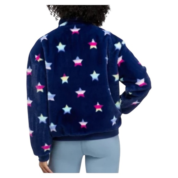 Crown & Ivy blue plush bomber jacket with multicolor star print Size Large - Picture 5 of 8